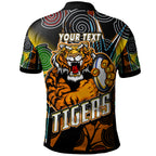 tigers-rugby-polo-shirt-custom-tiger-rugby-ball-aboriginal-art-vector-painting-personalised-player-and-number-polo-shirt