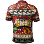 maroons-rugby-christmas-polo-shirt-custom-xmas-maroons-christmas-balls-snowflake-with-aboriginal-patterns-polo-shirt