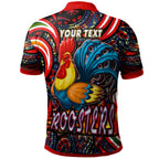 nrlw-roosters-rugby-polo-shirt-custom-womens-rugby-league-with-aboriginal-style-player-and-number-polo-shirt