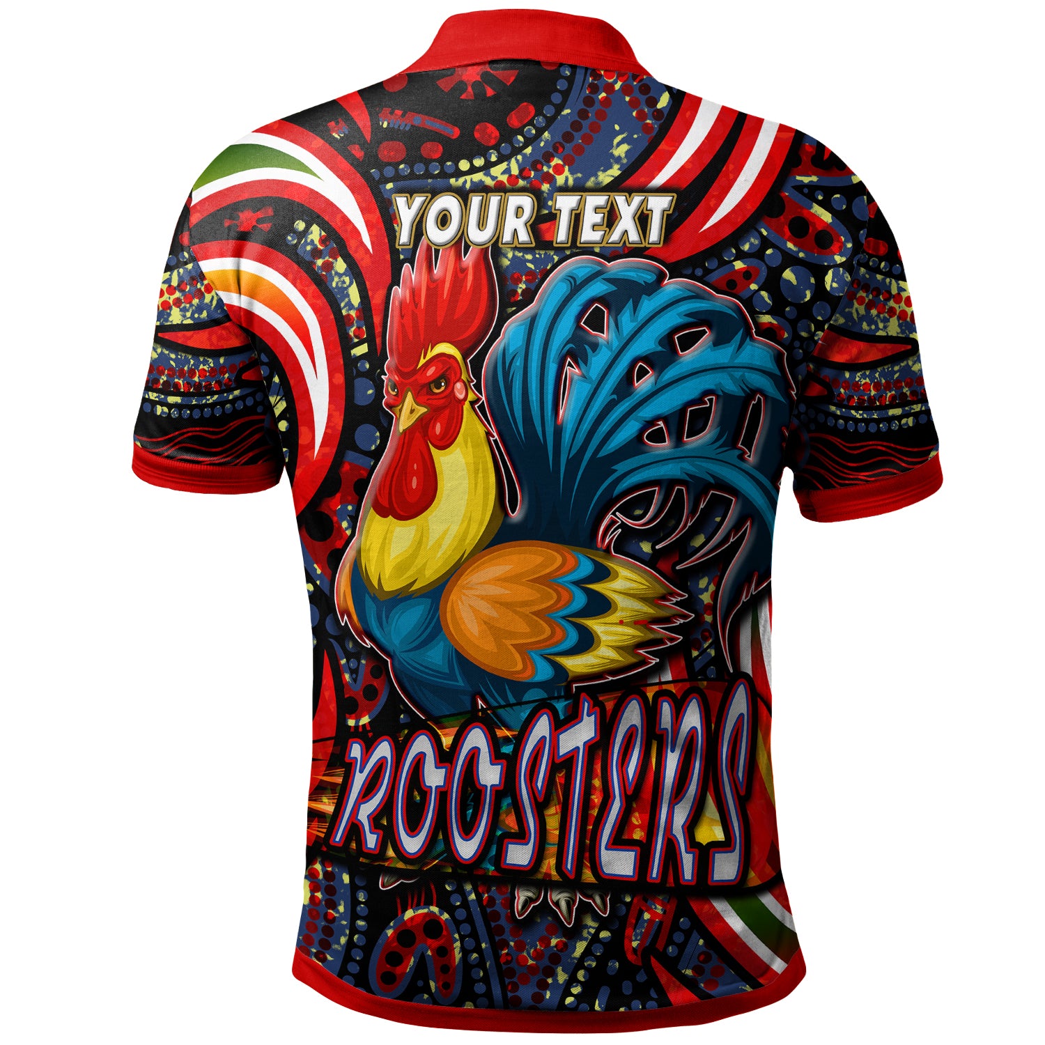 nrlw-roosters-rugby-polo-shirt-custom-womens-rugby-league-with-aboriginal-style-player-and-number-polo-shirt