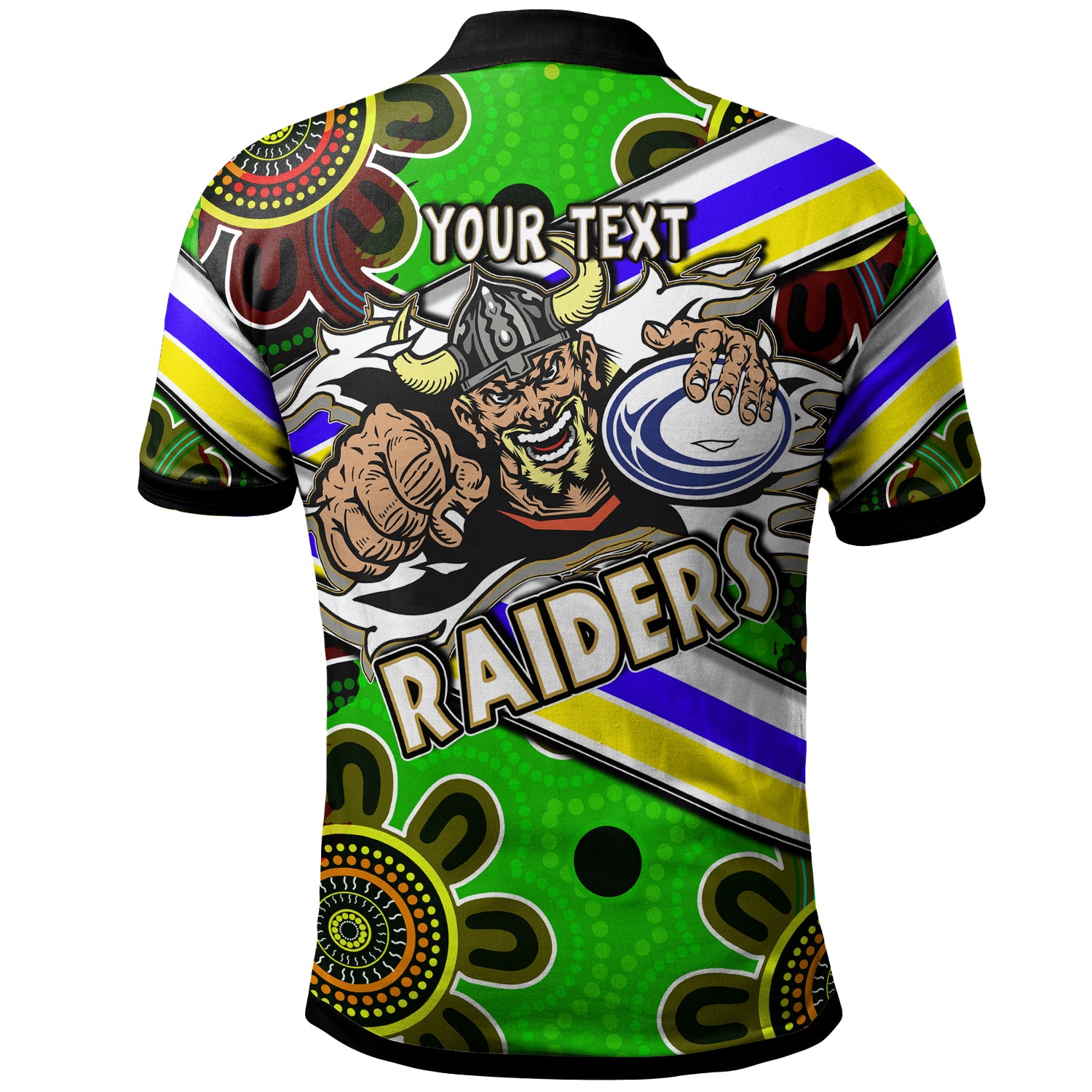 raiders-rugby-polo-shirt-custom-raiders-with-rugby-ball-aboriginal-art-personalised-player-and-number-polo-shirt