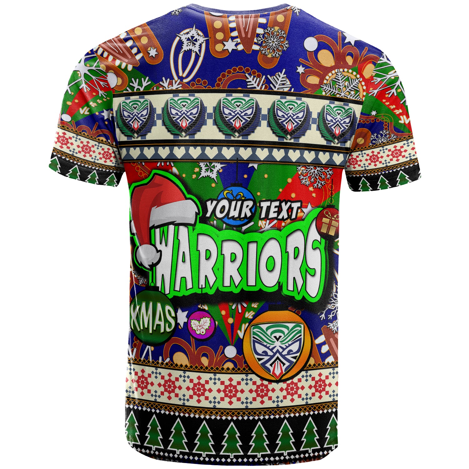 warriors-rugby-christmas-t-shirt-custom-xmas-warriors-christmas-balls-snowflake-with-aboriginal-patterns-t-shirt