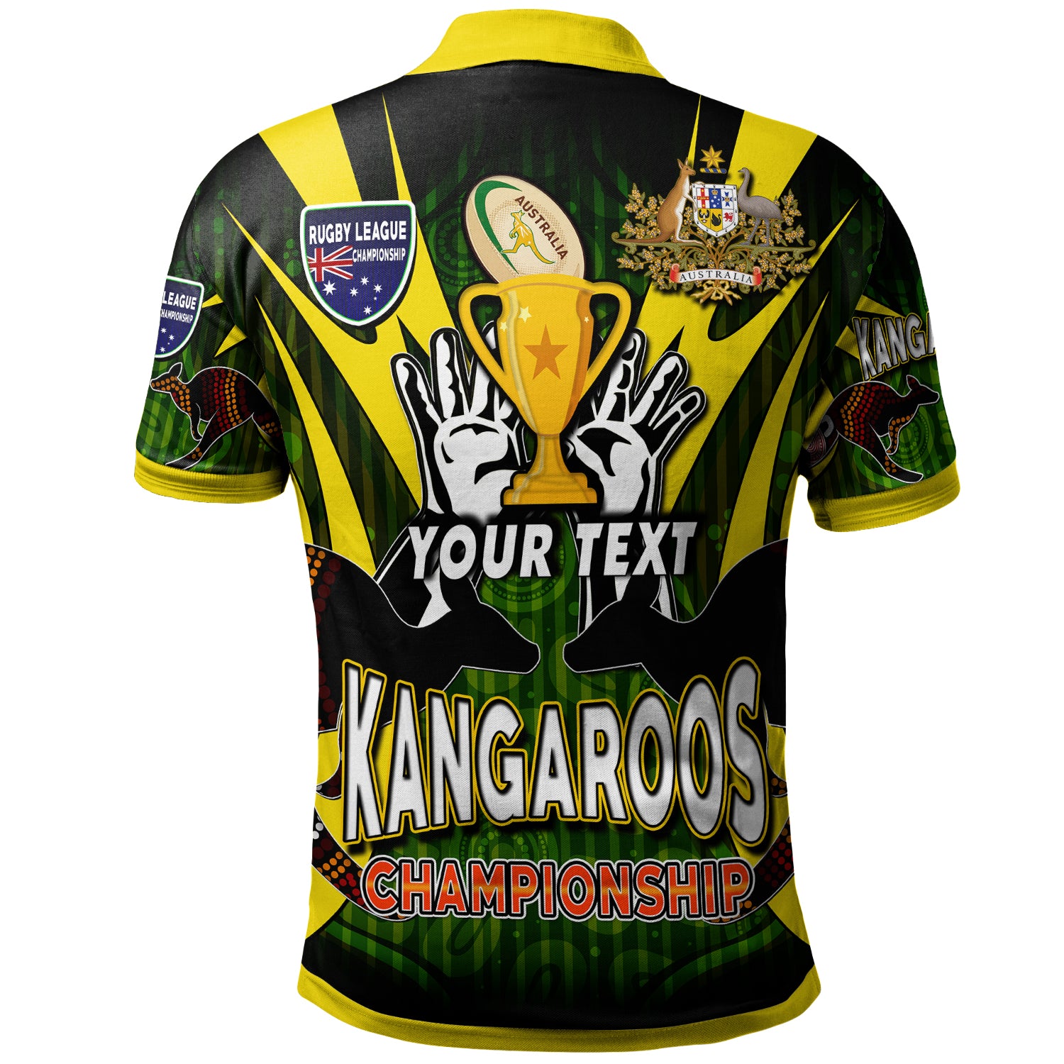 kangaroos-rugby-polo-shirt-custom-kangaroo-rugby-league-coat-of-arms-aboriginal-culture-personalised-player-and-number-polo-shirt
