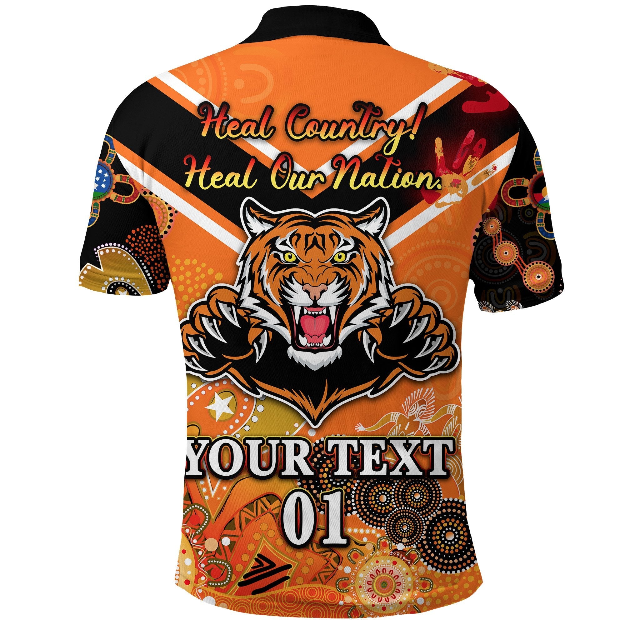 custom-personalised-wests-polo-shirt-tigers-indigenous-naidoc-heal-country-heal-our-nation-orange-no-1-custom-text-and-number