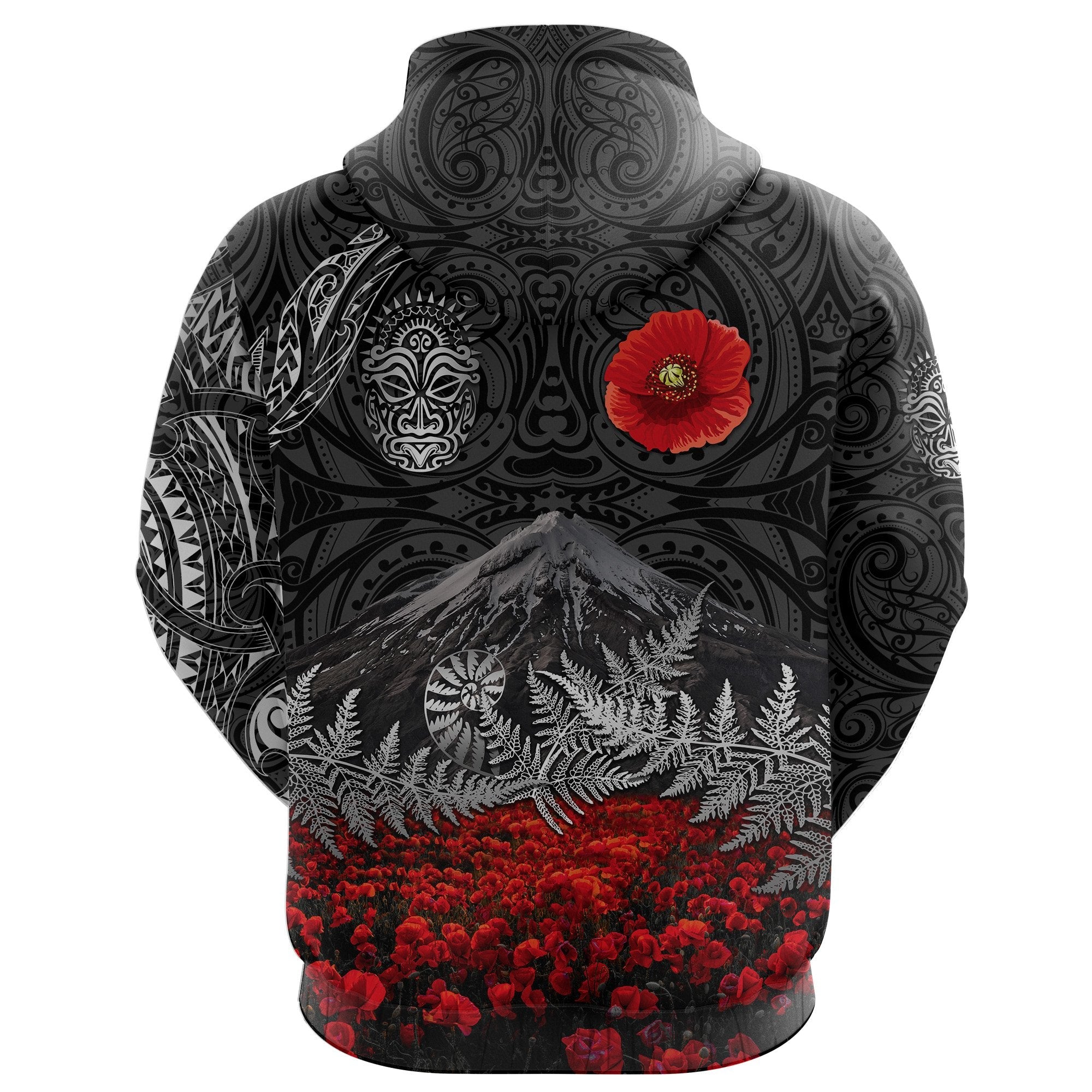 Warriors Rugby Hoodie New Zealand Mount Taranaki With Poppy Flowers Anzac Vibes Black
