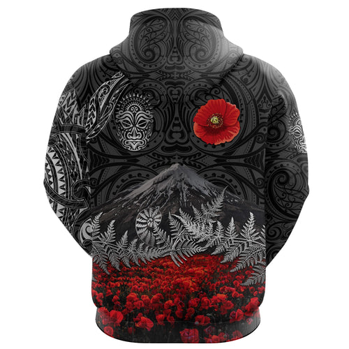 Warriors Rugby Hoodie New Zealand Mount Taranaki With Poppy Flowers Anzac Vibes Black