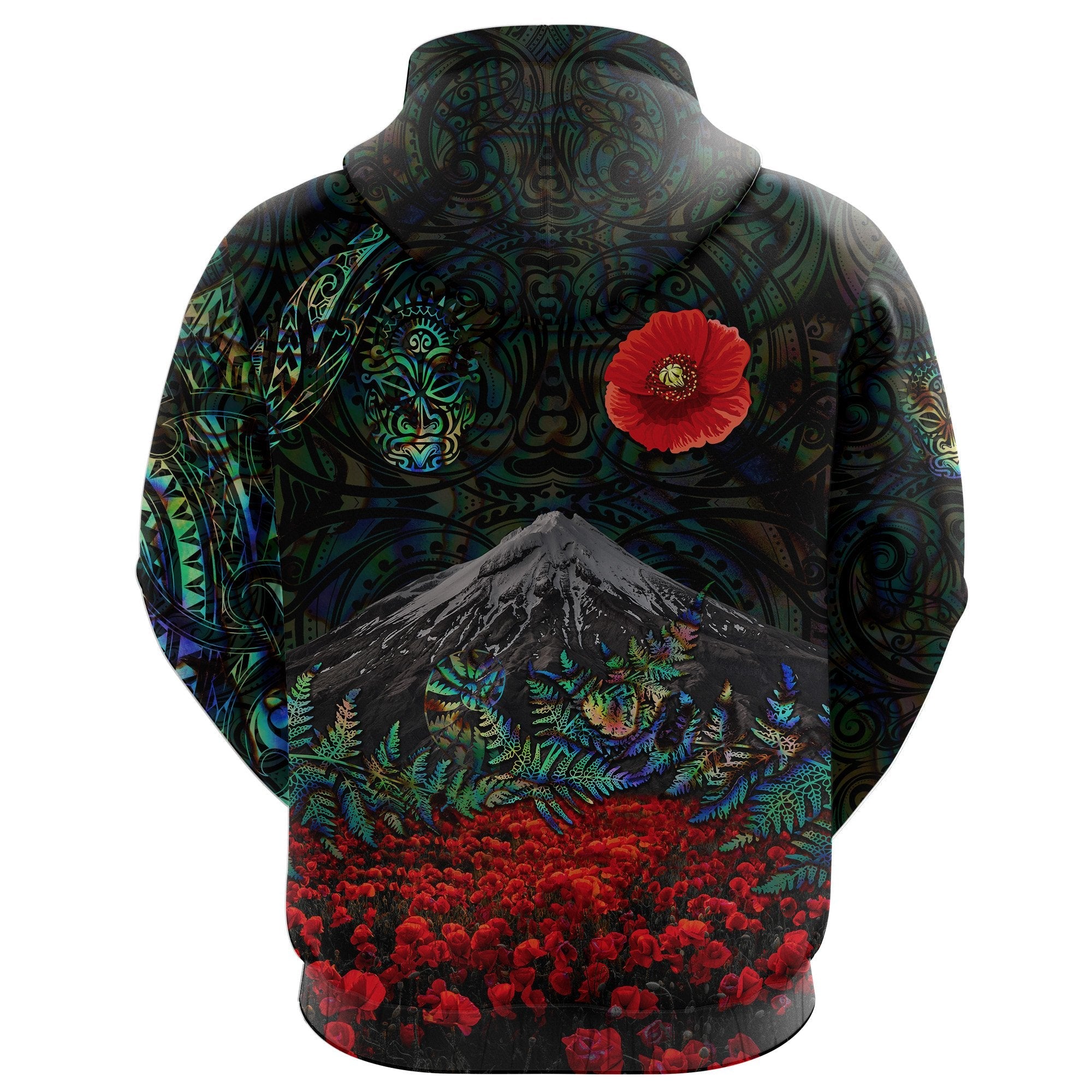 Warriors Rugby Hoodie New Zealand Mount Taranaki With Poppy Flowers Anzac Vibes - Paua Shell