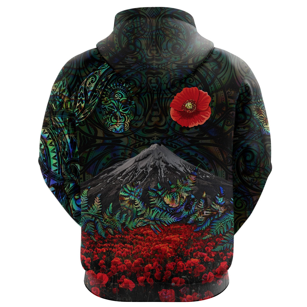 Warriors Rugby Hoodie New Zealand Mount Taranaki With Poppy Flowers Anzac Vibes - Paua Shell