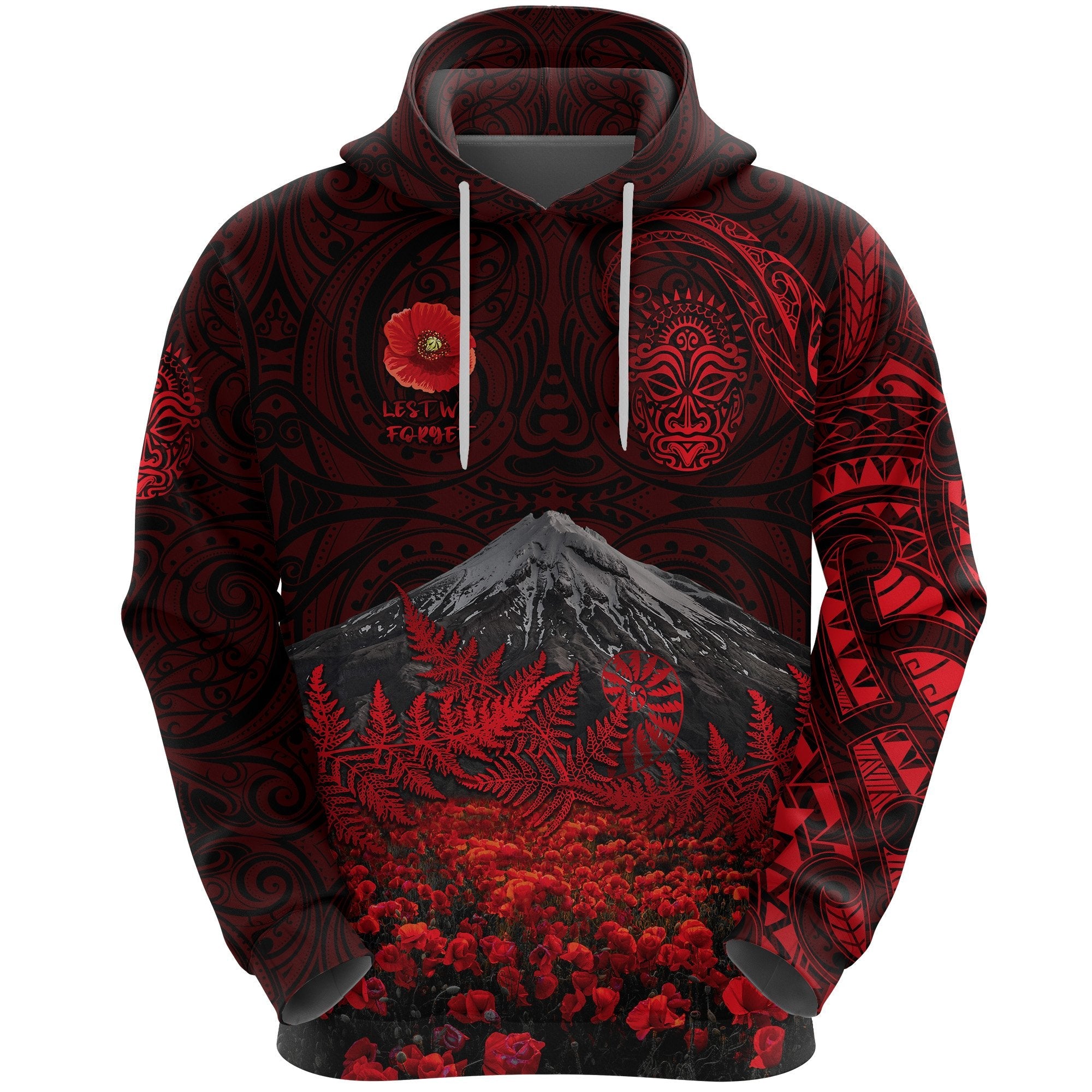 custom-personalised-warriors-rugby-hoodie-new-zealand-mount-taranaki-with-poppy-flowers-anzac-vibes