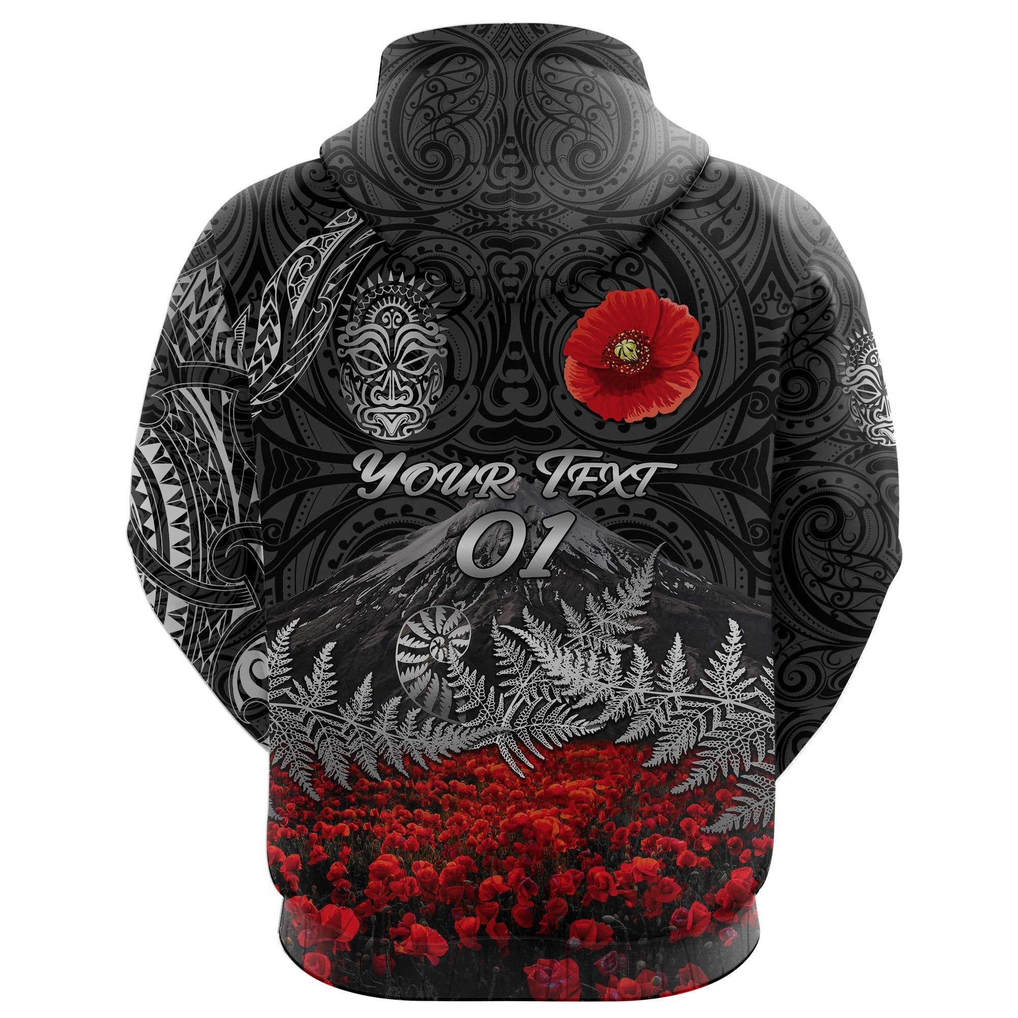 custom-personalised-warriors-rugby-hoodie-new-zealand-mount-taranaki-with-poppy-flowers-anzac-vibes-black-custom-text-and-number