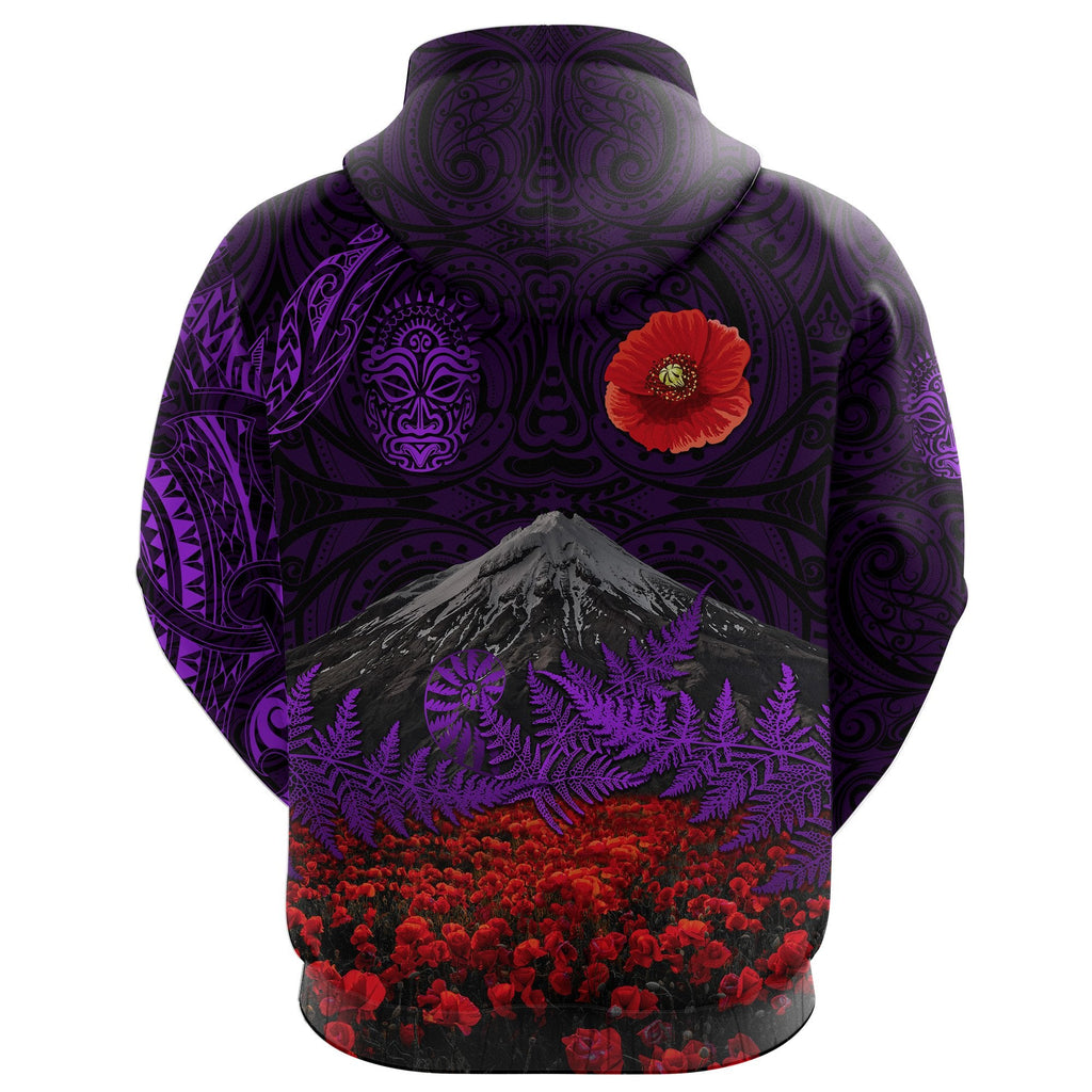 Warriors Rugby Hoodie New Zealand Mount Taranaki With Poppy Flowers Anzac Vibes Purple
