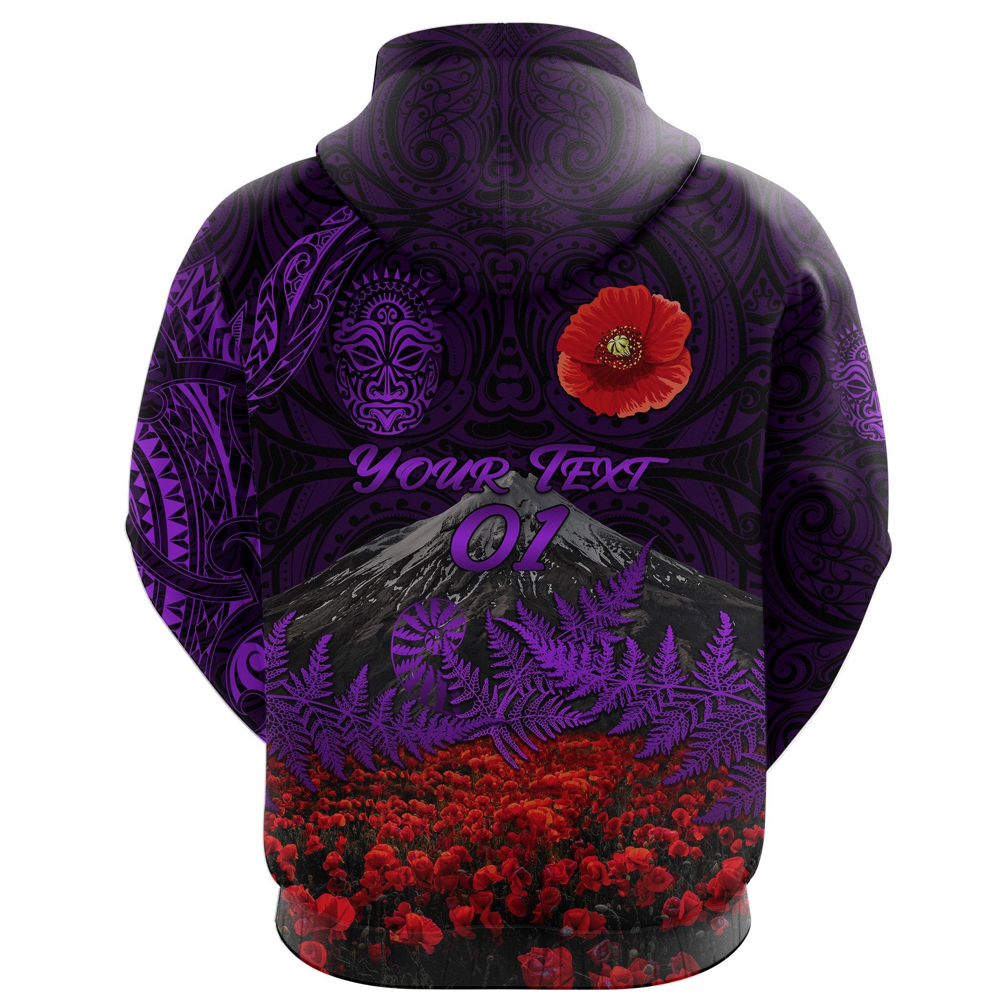 custom-personalised-warriors-rugby-hoodie-new-zealand-mount-taranaki-with-poppy-flowers-anzac-vibes-purple-custom-text-and-number-2