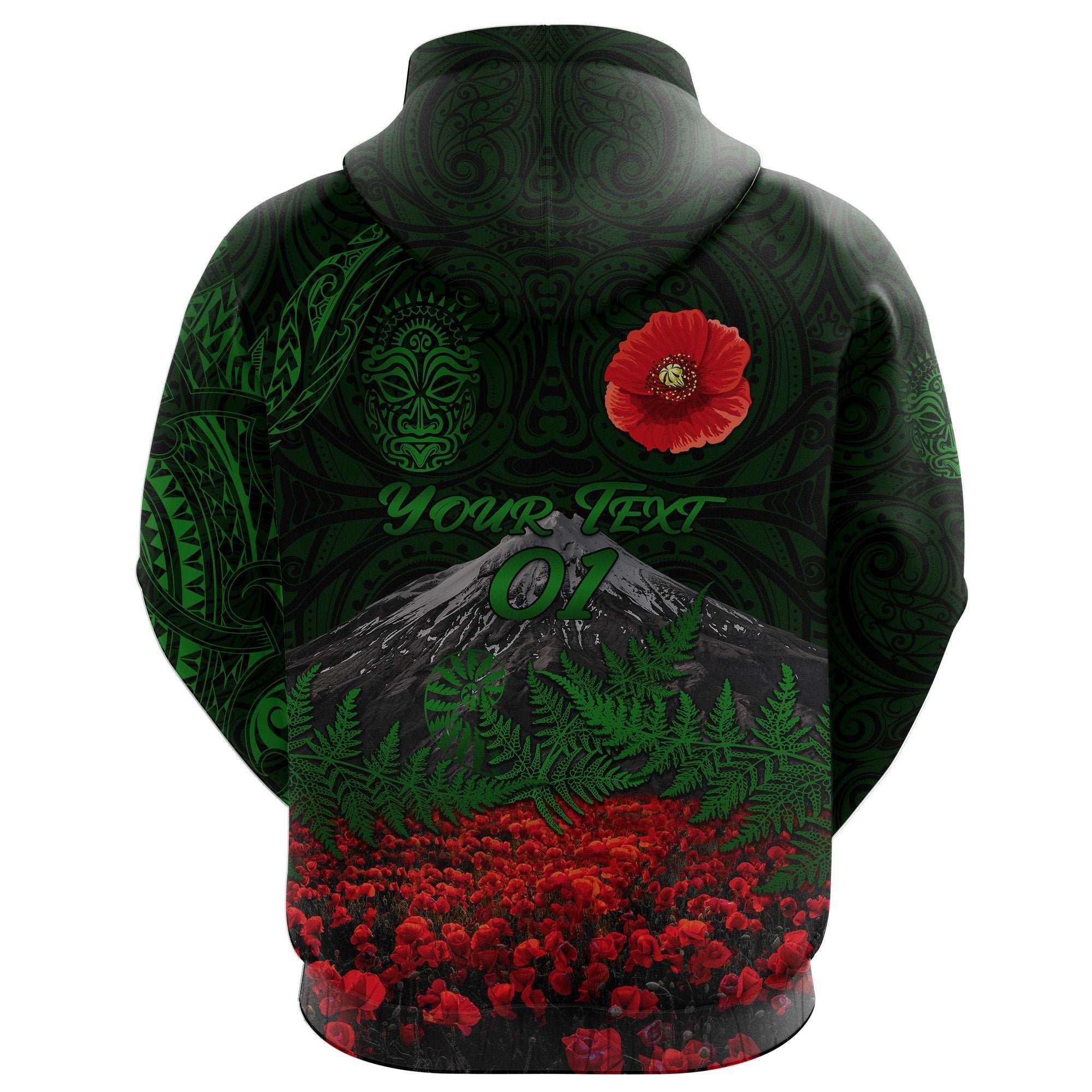 custom-personalised-warriors-rugby-hoodie-new-zealand-mount-taranaki-with-poppy-flowers-anzac-vibes-green-custom-text-and-number-3
