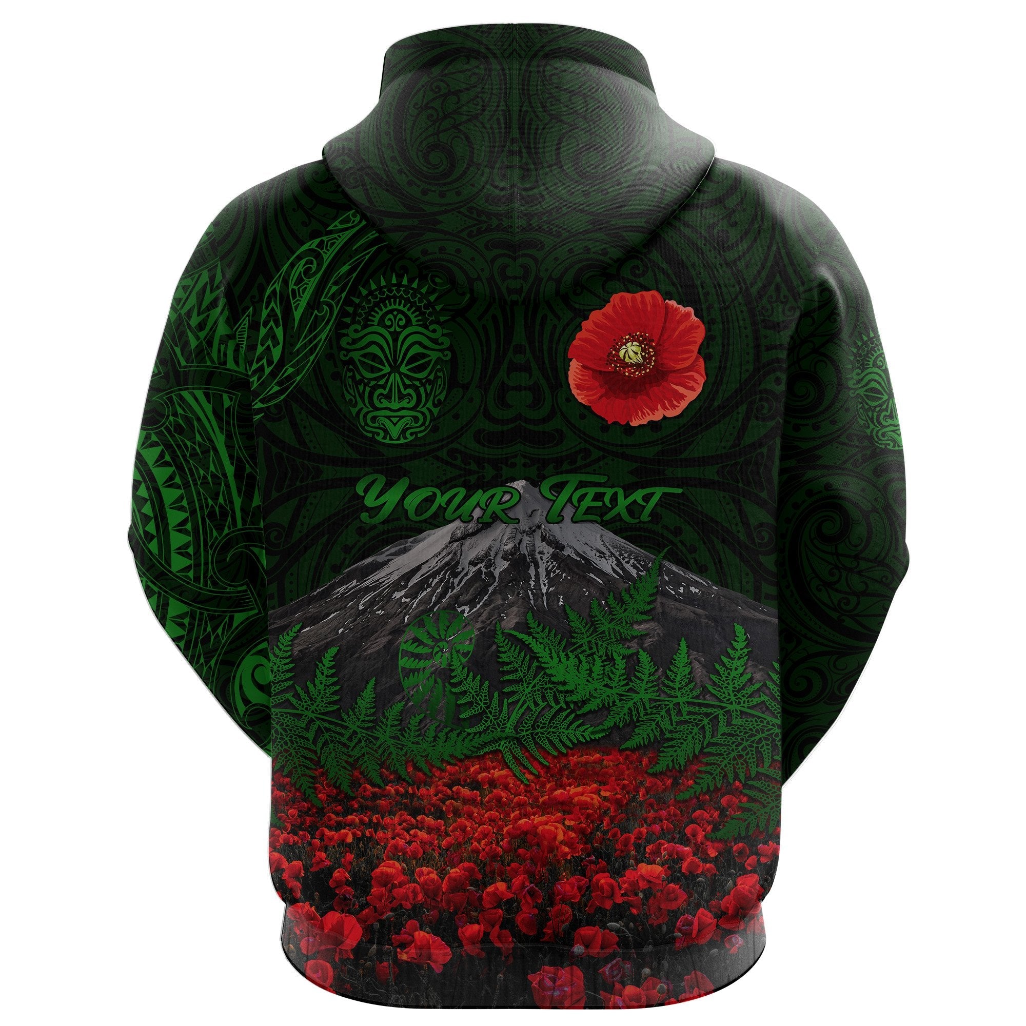 custom-personalised-warriors-rugby-hoodie-new-zealand-mount-taranaki-with-poppy-flowers-anzac-vibes-green
