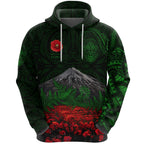 Warriors Rugby Hoodie New Zealand Mount Taranaki With Poppy Flowers Anzac Vibes Green