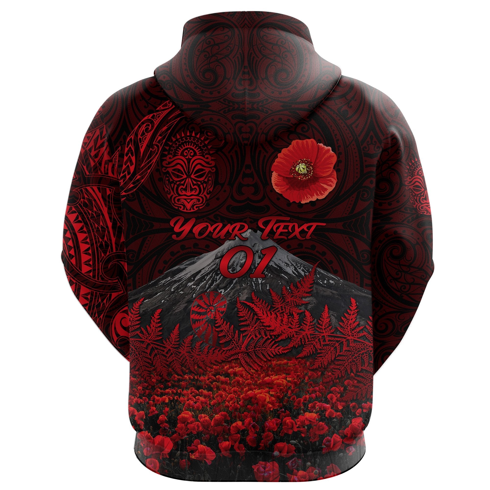 custom-personalised-warriors-rugby-hoodie-new-zealand-mount-taranaki-with-poppy-flowers-anzac-vibes-red-custom-text-and-number