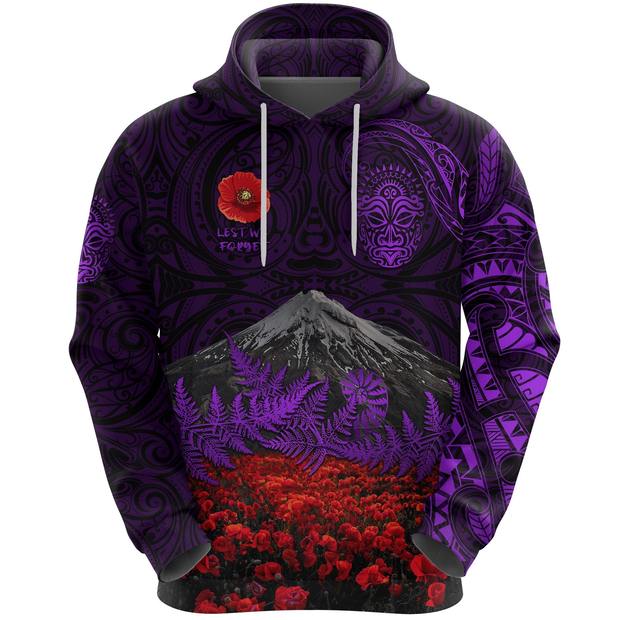 custom-personalised-warriors-rugby-hoodie-new-zealand-mount-taranaki-with-poppy-flowers-anzac-vibes-purple