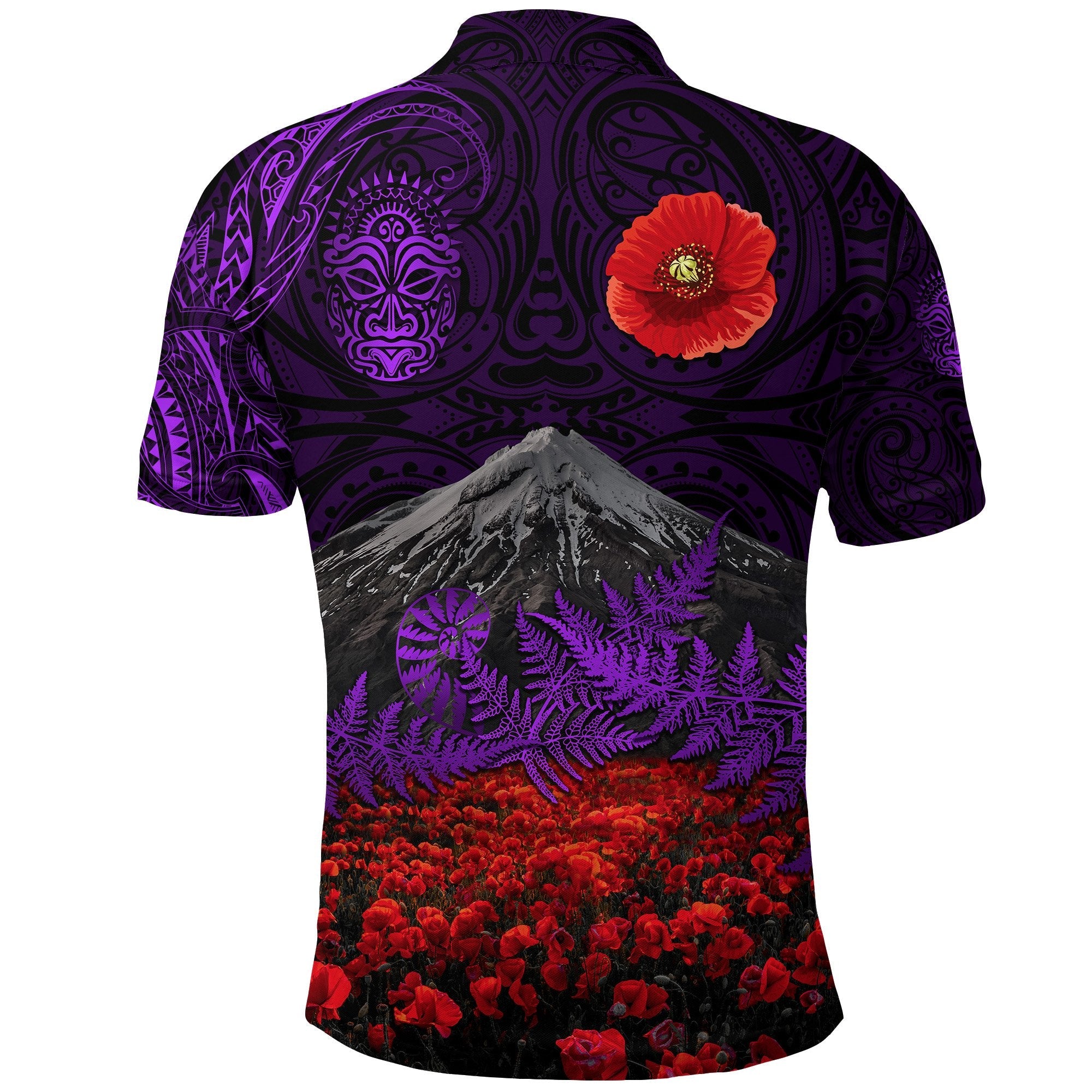warriors-rugby-polo-shirt-new-zealand-mount-taranaki-with-poppy-flowers-anzac-vibes-purple-2