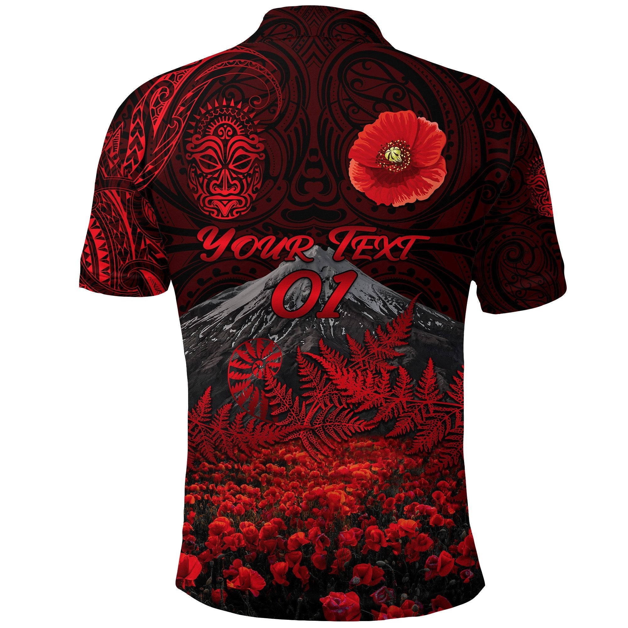 custom-personalised-warriors-rugby-polo-shirt-new-zealand-mount-taranaki-with-poppy-flowers-anzac-vibes-red-custom-text-and-number-2