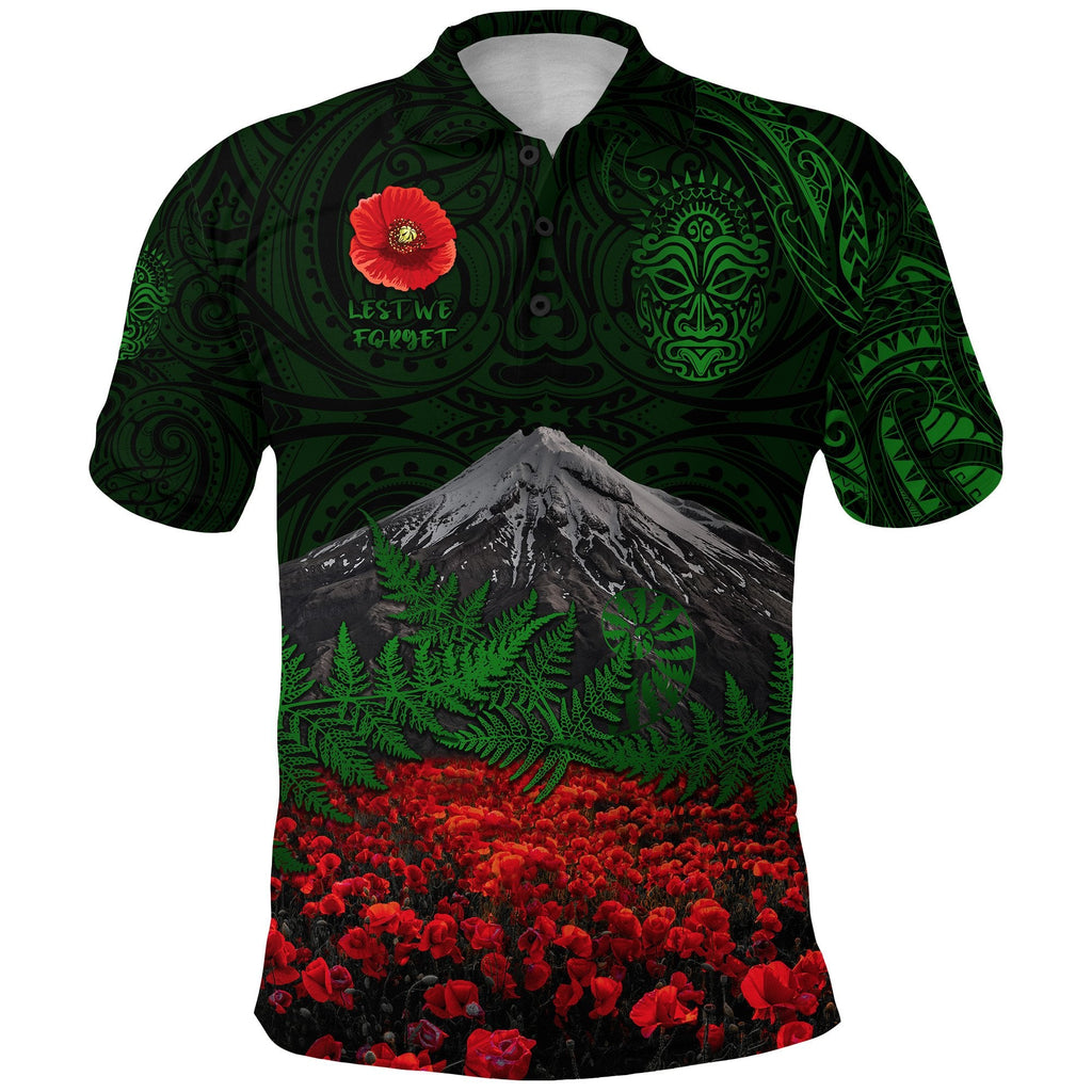 custom-personalised-warriors-rugby-polo-shirt-new-zealand-mount-taranaki-with-poppy-flowers-anzac-vibes-green-1