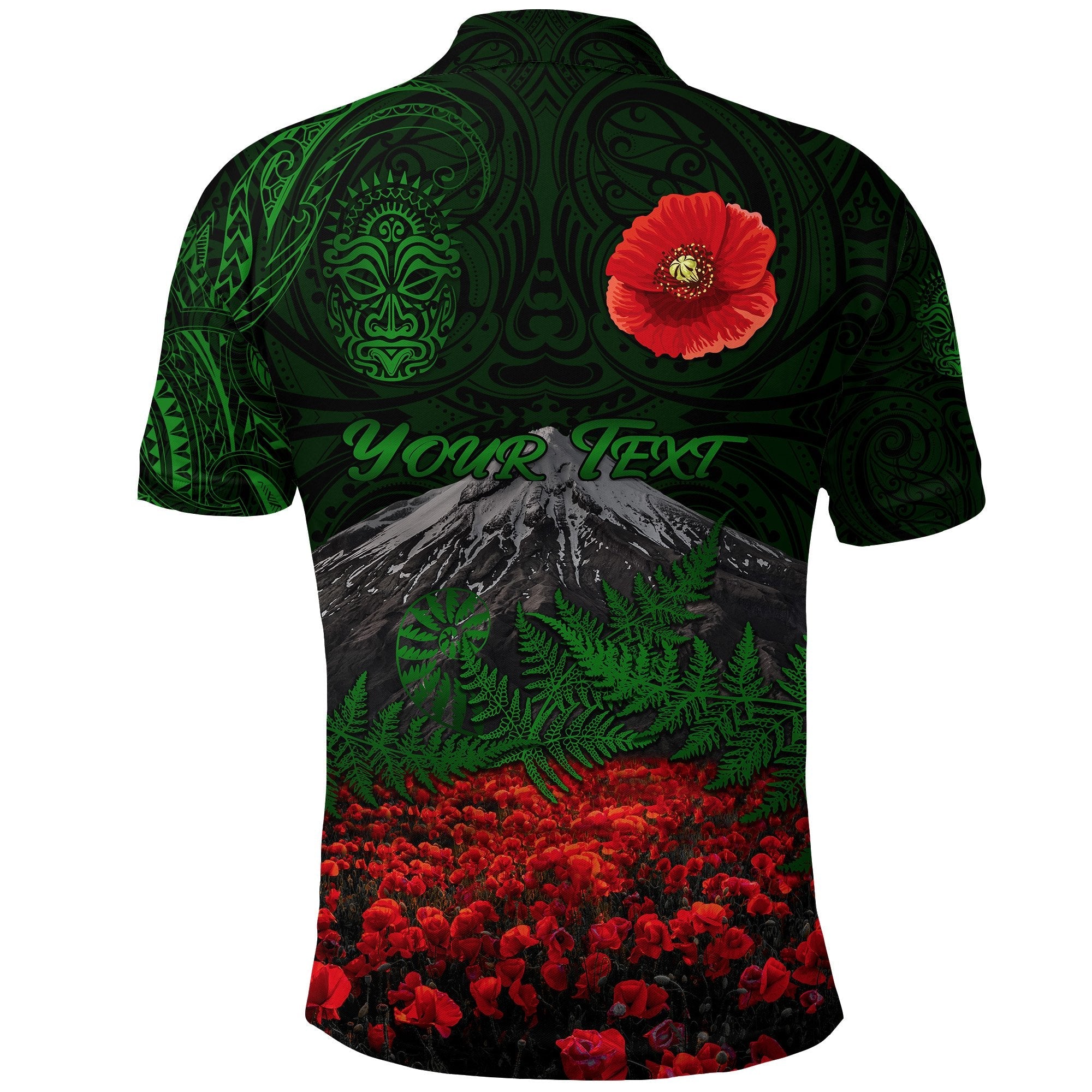 custom-personalised-warriors-rugby-polo-shirt-new-zealand-mount-taranaki-with-poppy-flowers-anzac-vibes-green-1