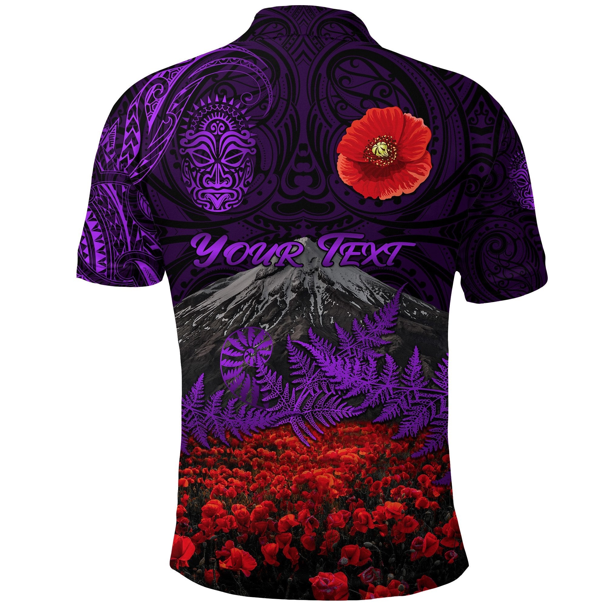 custom-personalised-warriors-rugby-polo-shirt-new-zealand-mount-taranaki-with-poppy-flowers-anzac-vibes-purple-3