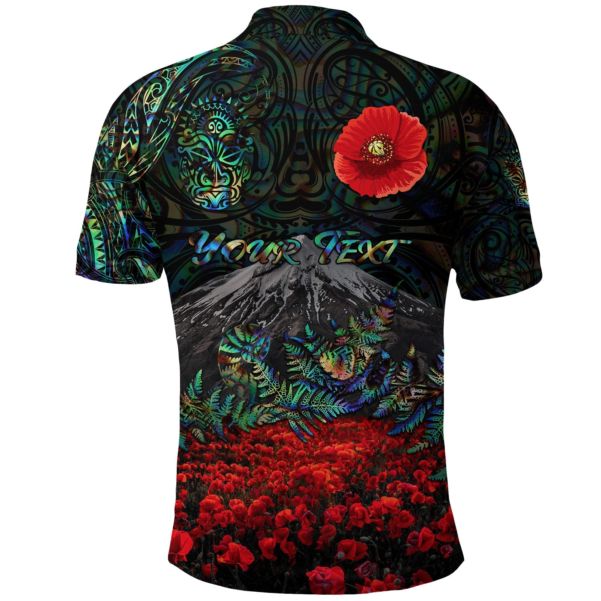 custom-personalised-warriors-rugby-polo-shirt-new-zealand-mount-taranaki-with-poppy-flowers-anzac-vibes-paua-shell