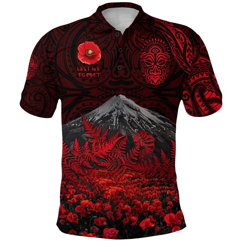 custom-personalised-warriors-rugby-polo-shirt-new-zealand-mount-taranaki-with-poppy-flowers-anzac-vibes-red-custom-text-and-number