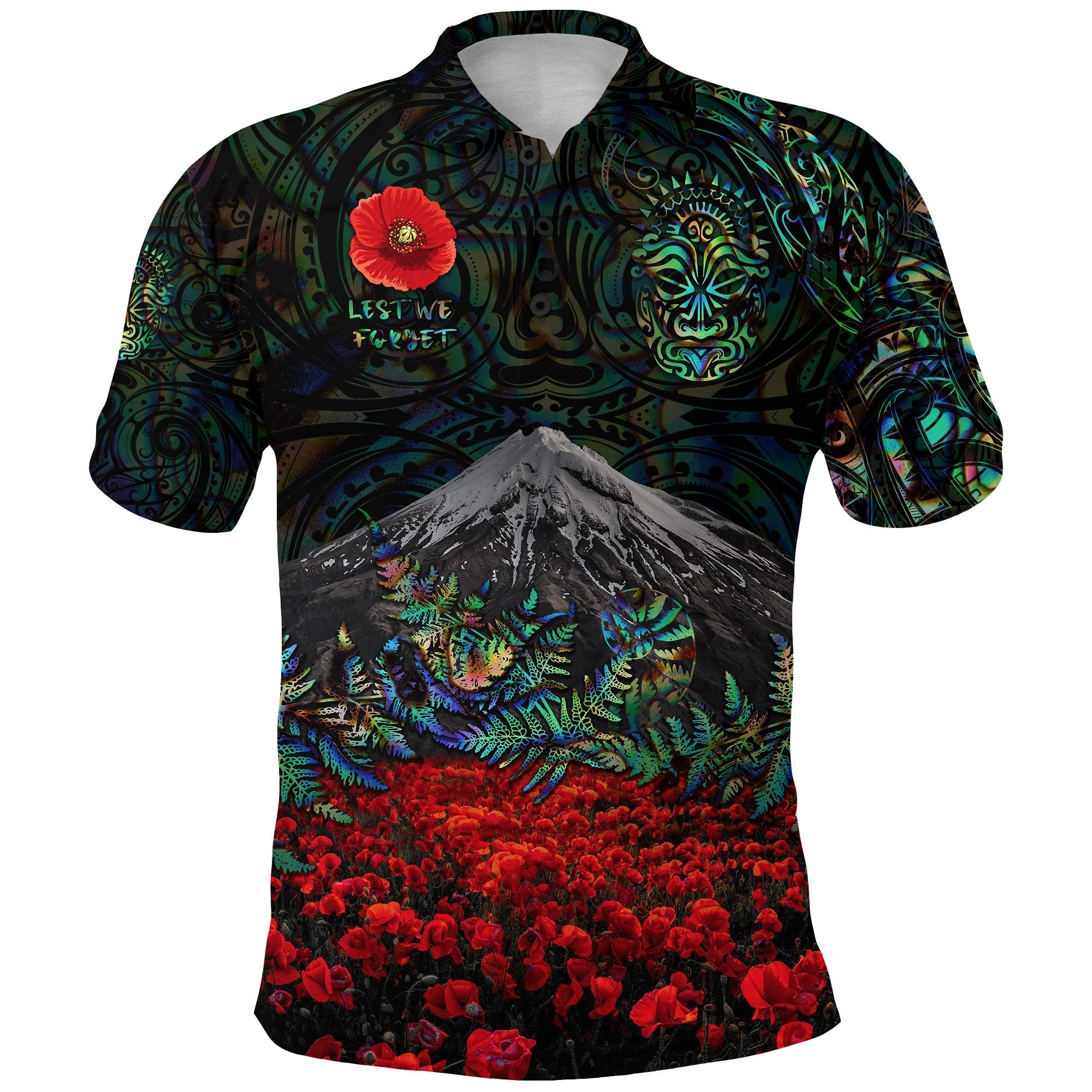 warriors-rugby-polo-shirt-new-zealand-mount-taranaki-with-poppy-flowers-anzac-vibes-paua-shell-2