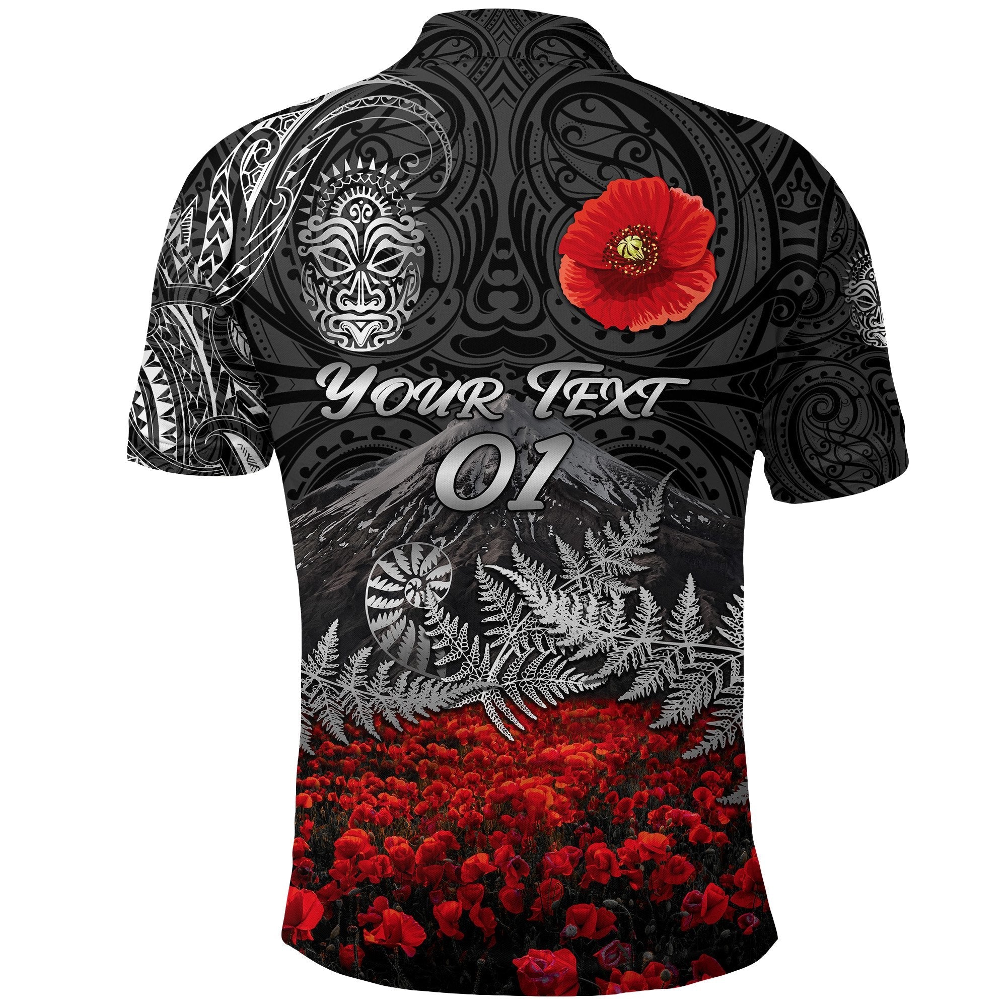 custom-personalised-warriors-rugby-polo-shirt-new-zealand-mount-taranaki-with-poppy-flowers-anzac-vibes-black-custom-text-and-number-2