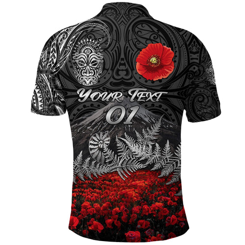 custom-personalised-warriors-rugby-polo-shirt-new-zealand-mount-taranaki-with-poppy-flowers-anzac-vibes-black-custom-text-and-number