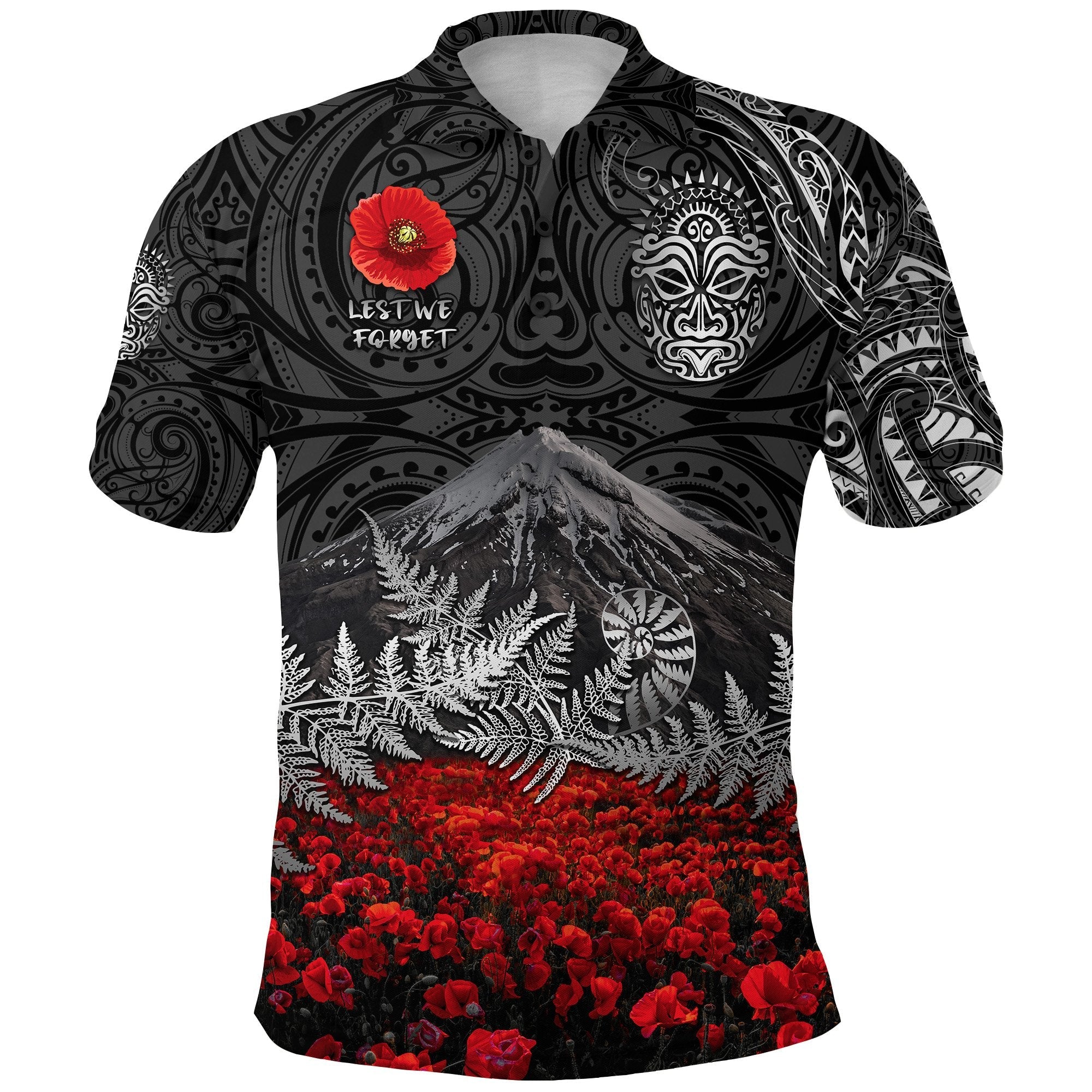 custom-personalised-warriors-rugby-polo-shirt-new-zealand-mount-taranaki-with-poppy-flowers-anzac-vibes-black-3