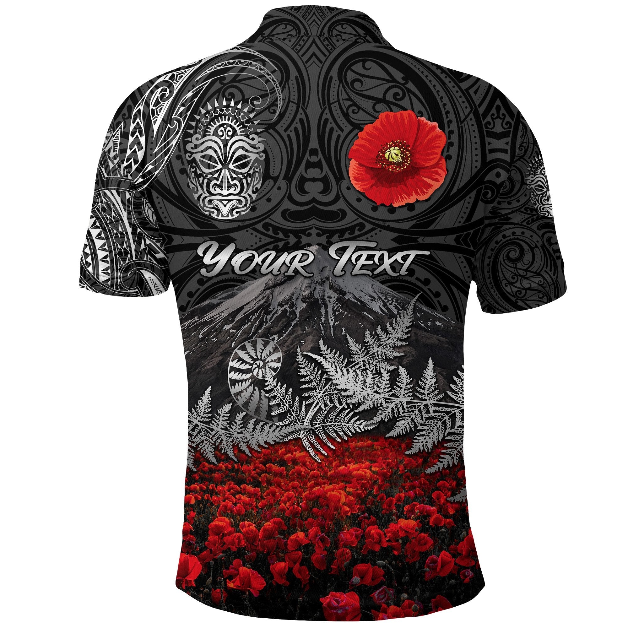 custom-personalised-warriors-rugby-polo-shirt-new-zealand-mount-taranaki-with-poppy-flowers-anzac-vibes-black