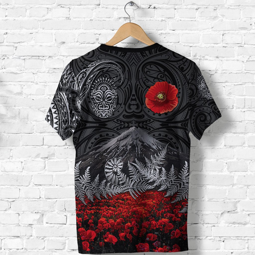 warriors-rugby-t-shirt-new-zealand-mount-taranaki-with-poppy-flowers-anzac-vibes-black