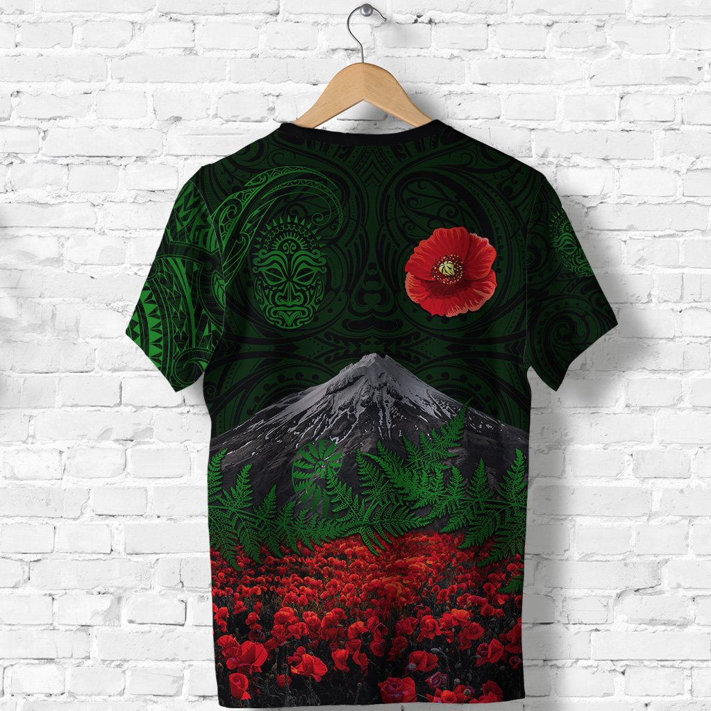 warriors-rugby-t-shirt-new-zealand-mount-taranaki-with-poppy-flowers-anzac-vibes-green-1