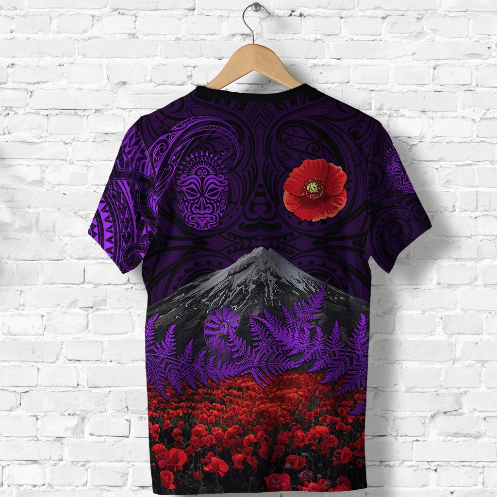 warriors-rugby-t-shirt-new-zealand-mount-taranaki-with-poppy-flowers-anzac-vibes-purple-3