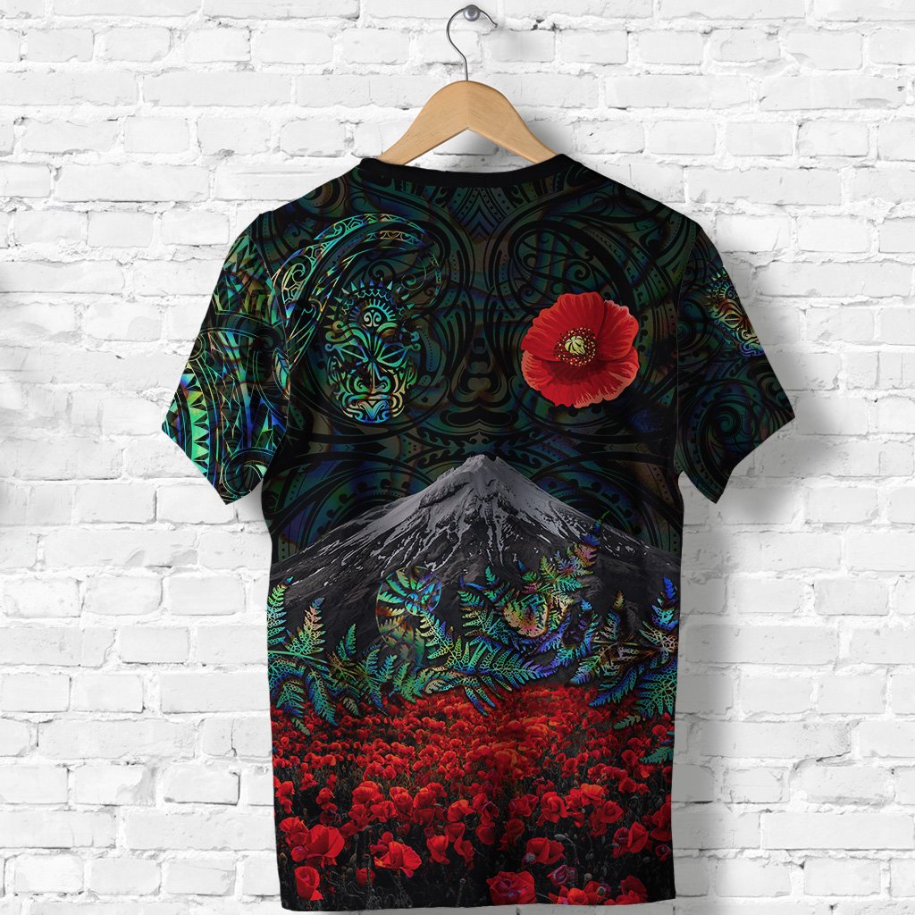 warriors-rugby-t-shirt-new-zealand-mount-taranaki-with-poppy-flowers-anzac-vibes-paua-shell