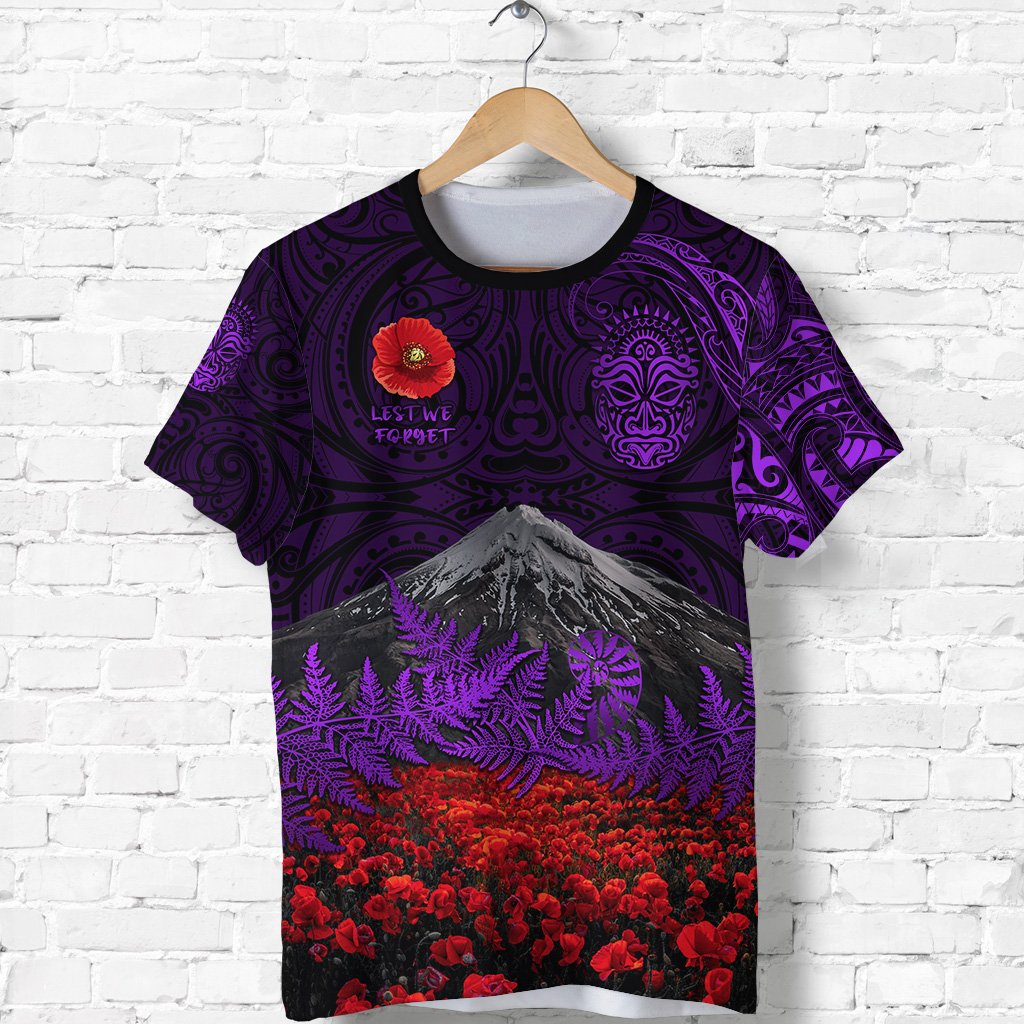 warriors-rugby-t-shirt-new-zealand-mount-taranaki-with-poppy-flowers-anzac-vibes-purple-2