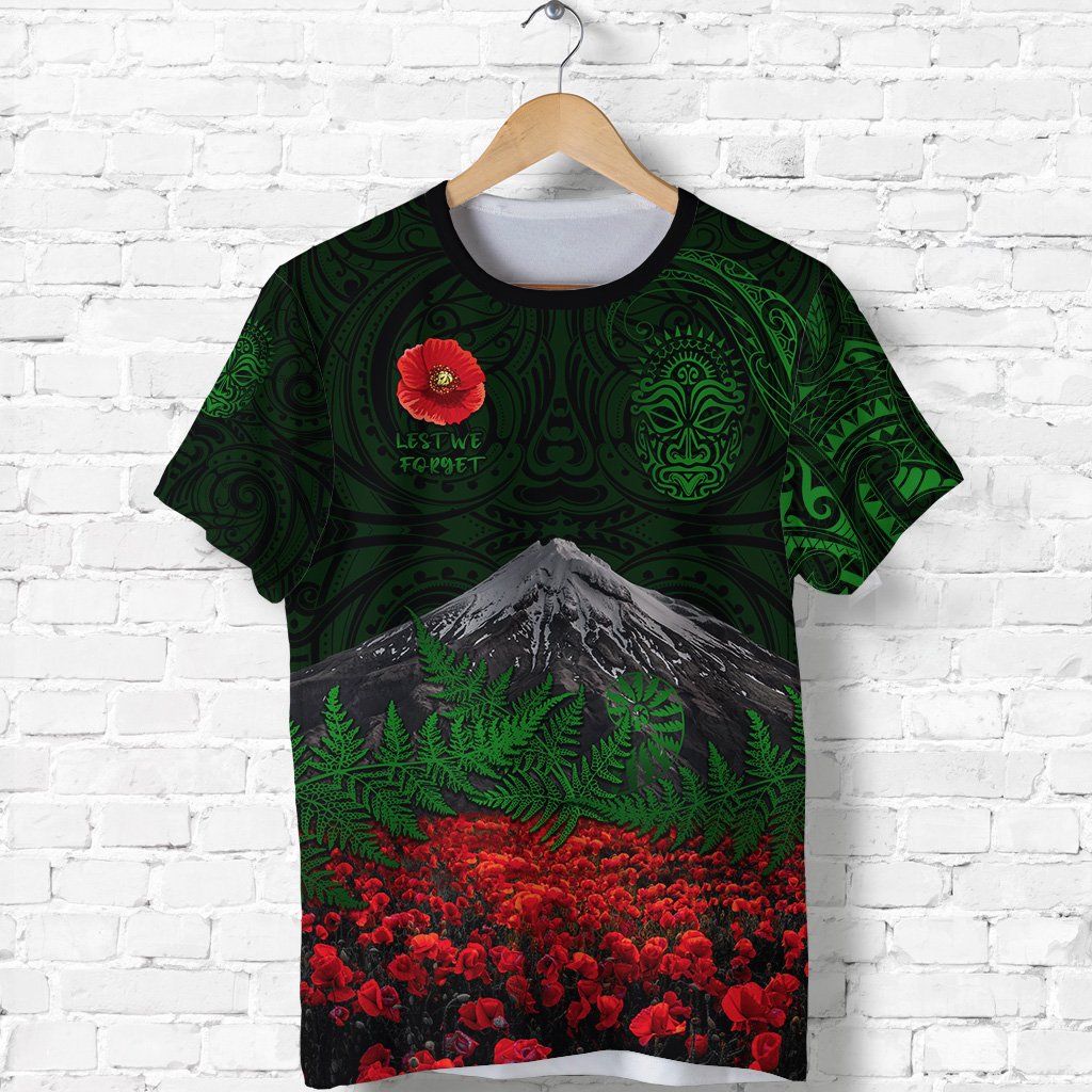 warriors-rugby-t-shirt-new-zealand-mount-taranaki-with-poppy-flowers-anzac-vibes-green-1