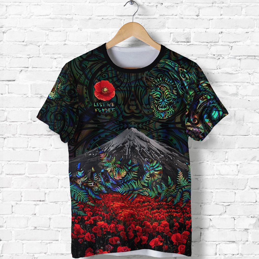 warriors-rugby-t-shirt-new-zealand-mount-taranaki-with-poppy-flowers-anzac-vibes-paua-shell