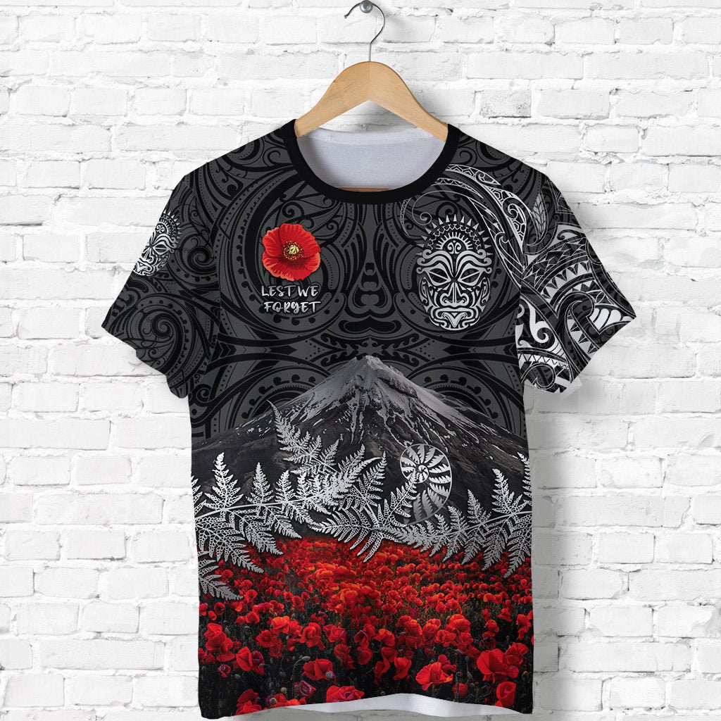warriors-rugby-t-shirt-new-zealand-mount-taranaki-with-poppy-flowers-anzac-vibes-black-2